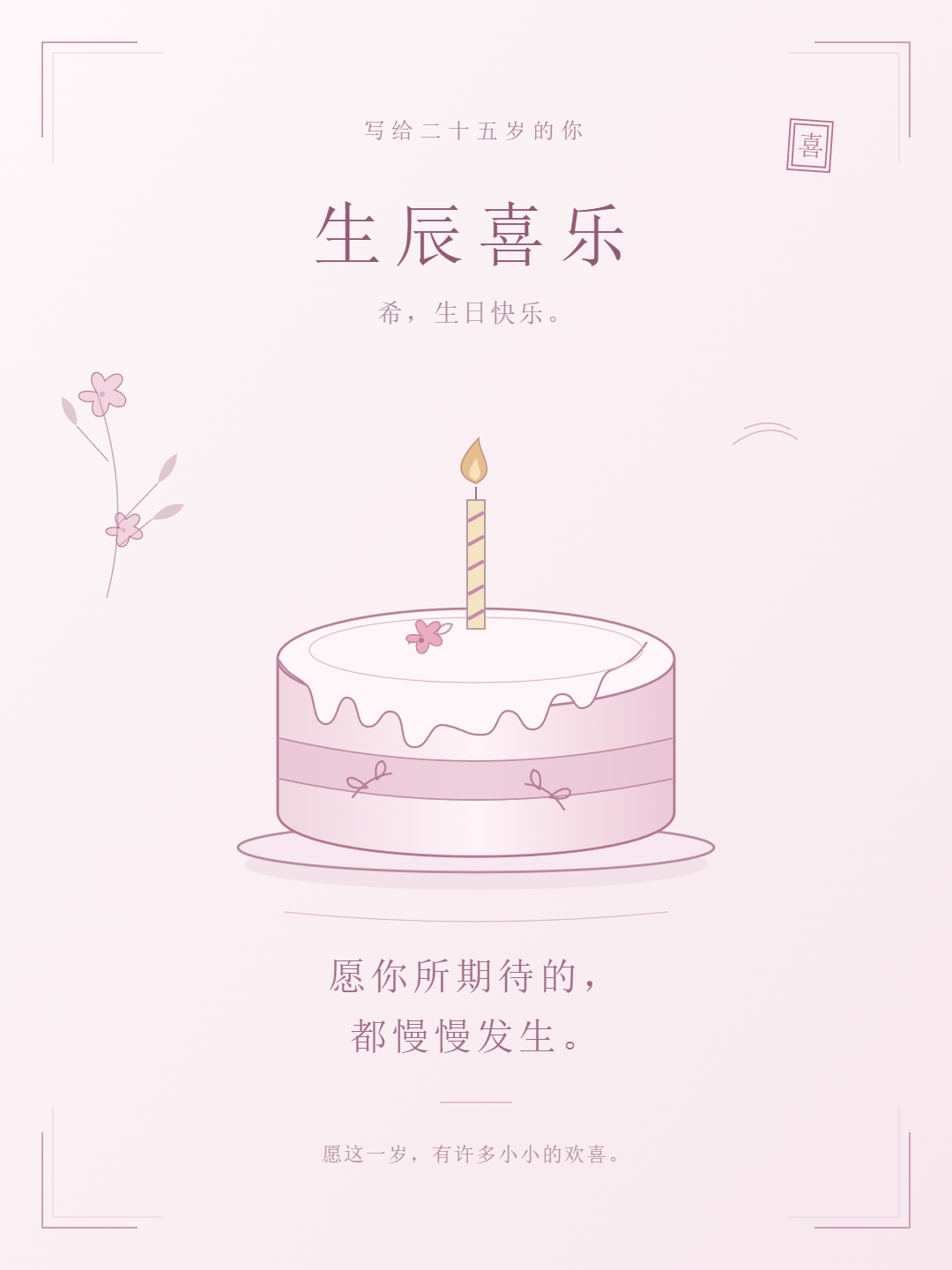 粉色蛋糕、桃花、一支烛火与生辰喜乐祝福的古风贺卡。