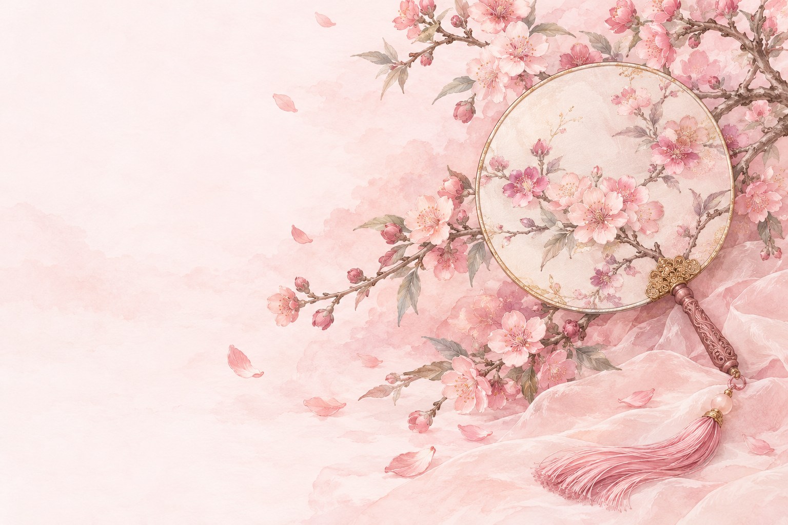 桃花轻落在团扇边,粉色流苏垂在信笺上。